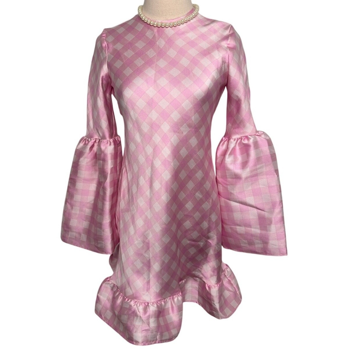 cynthia rowley pink gingham dress Cynthia Rowley Jane Gingham Bell-Sleeve Mini Dress pink white size 2
