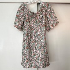 H M Floral Cotton A-Line Dress Off Shoulder Sleeve Square Neck Pink Green Size 2