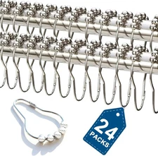 24PCS Stainless Steel Shower Curtain Hooks Rust Proof, Silvery 