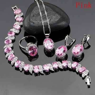 925 Sterling Silver Red Birthstone Jewelry Set Necklace Earrings Ring Gift