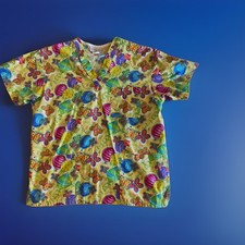 Peaches Uniforms Womens S Medical Scrub Top Yellow Floral Print V-Neck Cotton