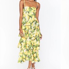 Show Me Your Mumu Lemon Tiered Strapless Ruffle Midi Dress Size Medium