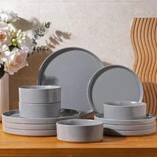 Ceramic Dinnerware Set for 4 | Speckled Stoneware Plates and Bowls with ungla...