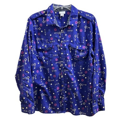 Jaclyn Smith Purple Key Pattern Longsleeve Button Up Top 80's 90's Dopamine