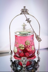 Antique Victorian Pickle Castor Cranberry Handpainted Enamel With Tong