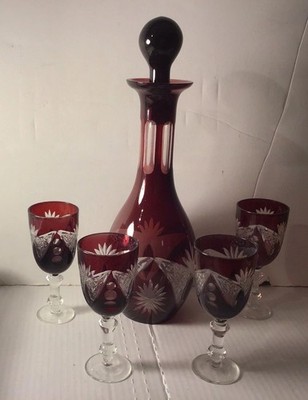 Vintage Bohemian Crystal Set Ruby Red cordial glasses ( 4) and decanter