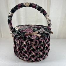 Vintage Fabric Sewing Box With Handle Floral Storage Black Purple Pink Green