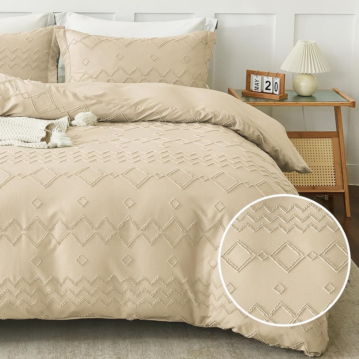 Queen Duvet Cover Boho, Tufted Microfiber Comforter Cover Set for All Seasons, 3