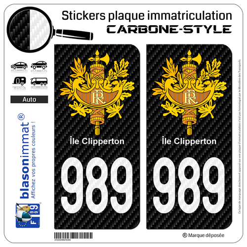 2 Autocollants plaque d'immatriculation 989-H Île Clipperton - COM Carbone-Style - Picture 1 of 9