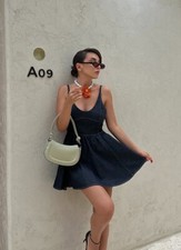 ZARA  WOMAN DARK INDIGO DENIM FIT-AND-FLARE DRESS  SIZE LARGE NWT 