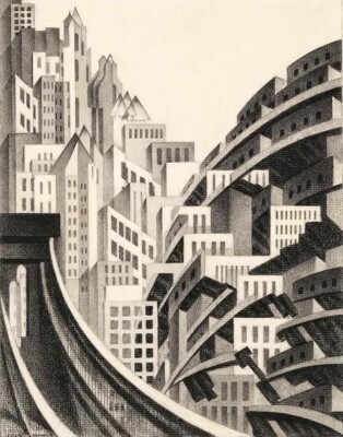 New York City Lithograph by Louis Lozowick 1923   Art Deco Urban Skyline Print