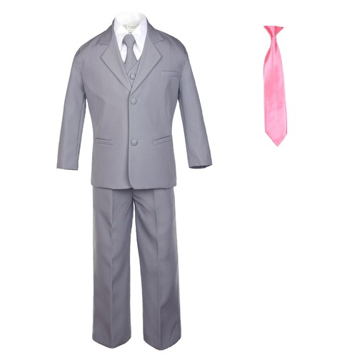 6pc Baby Toddler Boy Teen Formal Party Medium Gray Suit w/Satin Necktie M-20 - Picture 7 of 25
