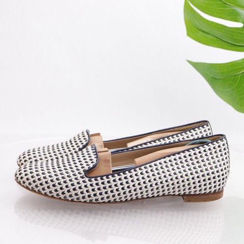 J-Crew Italy Women's Cleo Loafer Size 9.5 Slip On Flat Shoe Navy Ivory Leather - Picture 8 of 17