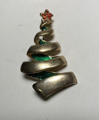 Vintage Gold Green Christmas Tree Pin with Red Jeweled Star Holiday
