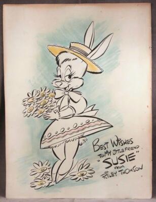 Original Riley Thomson Disney Artist Signed Drawing Rabbit & Flowers