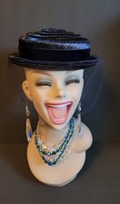 Vintage Straw Pillbox Hat Dark Blue