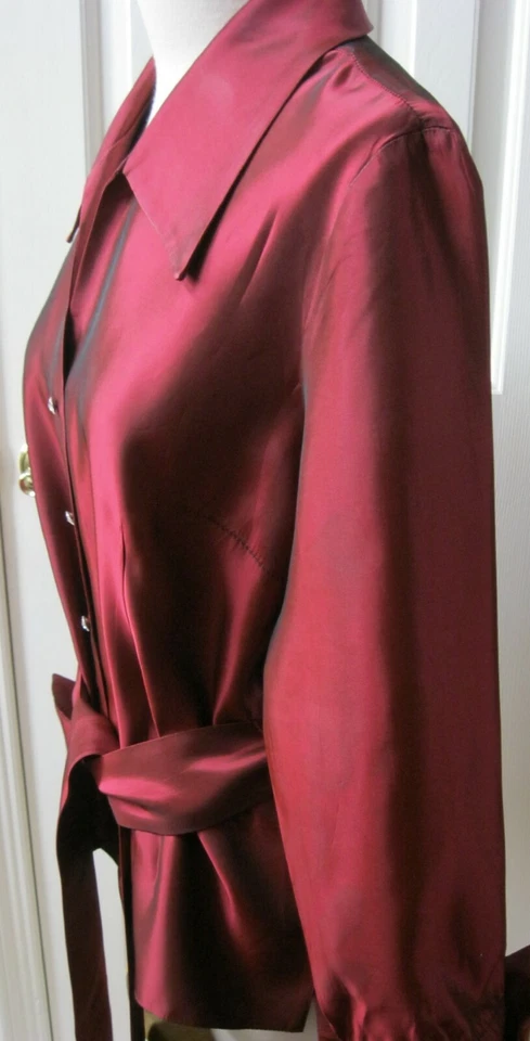 JS Collections Maroon/Burgundy Blouse Jacket Rhinestone Buttons Long Sleeve Belt - Image 4 of 4