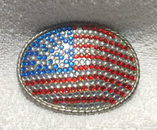 Sparkling Red White Blue Rhinestone USA Flag Belt Buckle Great Shape