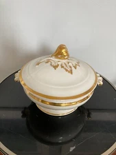 OLD PARIS PORCELAIN covered vegetable dish bowl PEAR FINIAL 19TH C white & gold