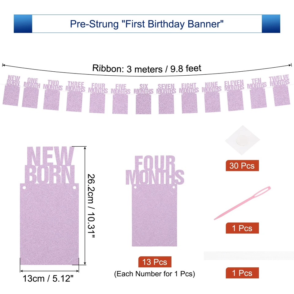 Decorações de banner de foto de 1º aniversário de 1 a 13 meses rosa 13 peças - Imagem 2 de 4