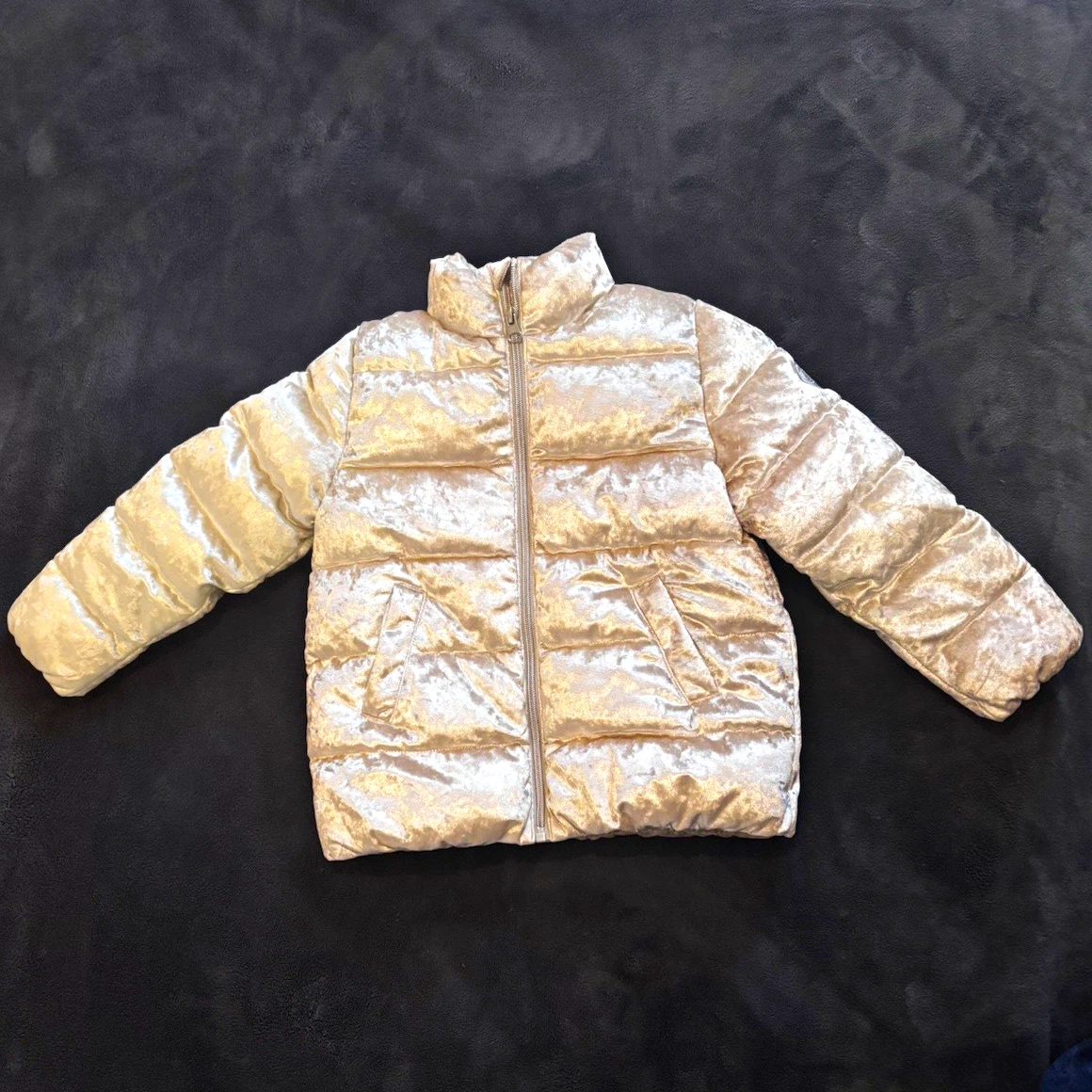 Petit Bateau Girls Silver Shiny Puffer Jacket Full Zip Pockets 5 Years