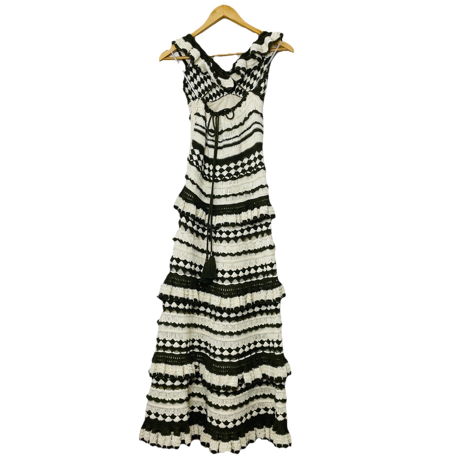 Zimmermann Devi Frill Cotton Crochet Midi Dress Size 0/AU 8/US 4 Cross Back Tie