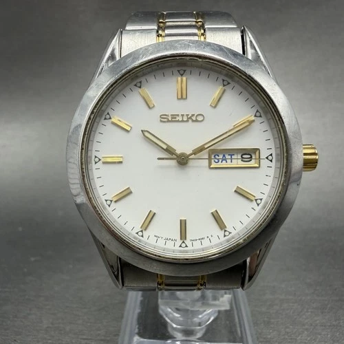 Seiko Watch Men 37mm White Dial Two Tone Daydate Round 7N43-9070 New Battery