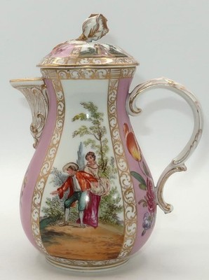 Meissen Crossed Swords Mark PINK Watteau Scene Quatrefoil Chocolate Pot, 8 3/4''