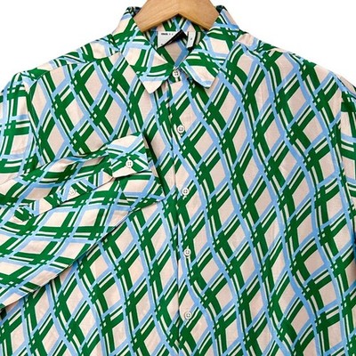 ASOS DESIGN Regular Block Standard Collar Satin Abstract Geo Print Shirt Green