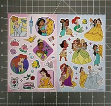 40-PCS DISNEY PRINCESS Sticker Sheet Jasmine Belle Ariel Moana Rapunzel Tiana