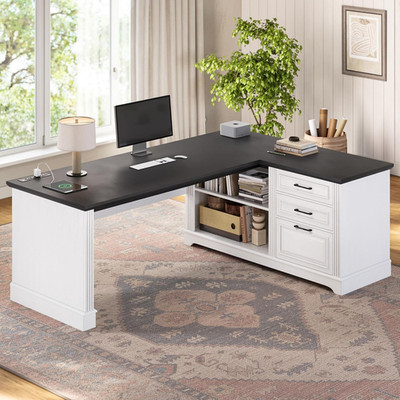 Farmhouse 61'' Executive L Shaped Desk, Home Office Desk with File Drawers, Compu