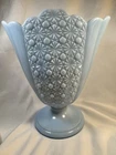 Very RARE Fenton Blue Pastel Daisy and Button Fan Shape Vase 9” Footed Stunning