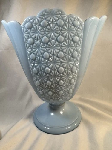 Very RARE Fenton Blue Pastel Daisy and Button Fan Shape Vase 9” Footed Stunning