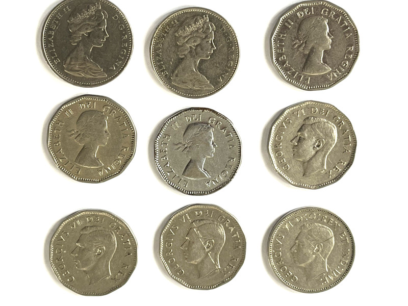 Lot of 9 Canada 5 Cent Coins - Years 1941 thru 1975.  see description for years.