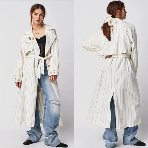 OFF WHITE We the Free People trench cappotto giacca lunga righe bianco sporco lino taglia XS NUOVO SENZA ETICHETTE