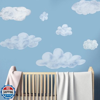 Large Cloud Wall Decals,Set of 7 Fluffy Clouds Blue and White,Perfect for Nur