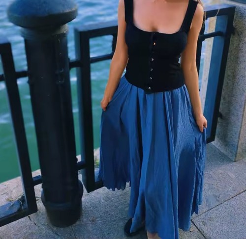 Damen Rock Maxi Lang Blau Maxirock Leinen Rock Bodenlang - Bild 2 von 4