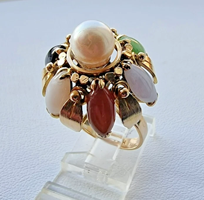 ANILLO FLOR JADEÍTA Y PERLA MULTICOLOR ORO AMARILLO 14K TALLA 6,75, 9,5 GRAMOS Foto 2 de 4