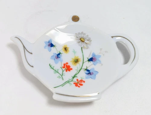 Vintage Lefton Teapot Tea Bag Spoon Holder Rest Floral 03317 Trinket Charming