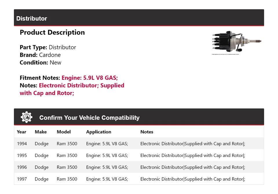 Para 1994-1997 Dodge Ram 3500 5.9L V8 distribuidor de gás Cardone 1995 1996 - Imagem 2 de 4
