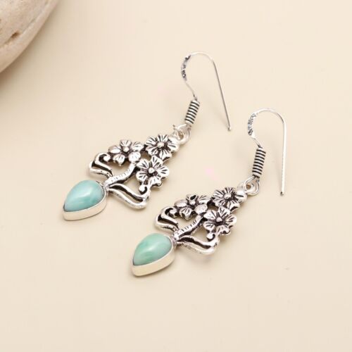 Pendiente de plata de ley 925 estilo árbol hecho a mano Larimar piedras preciosas joyería boho - Imagen 3 de 4
