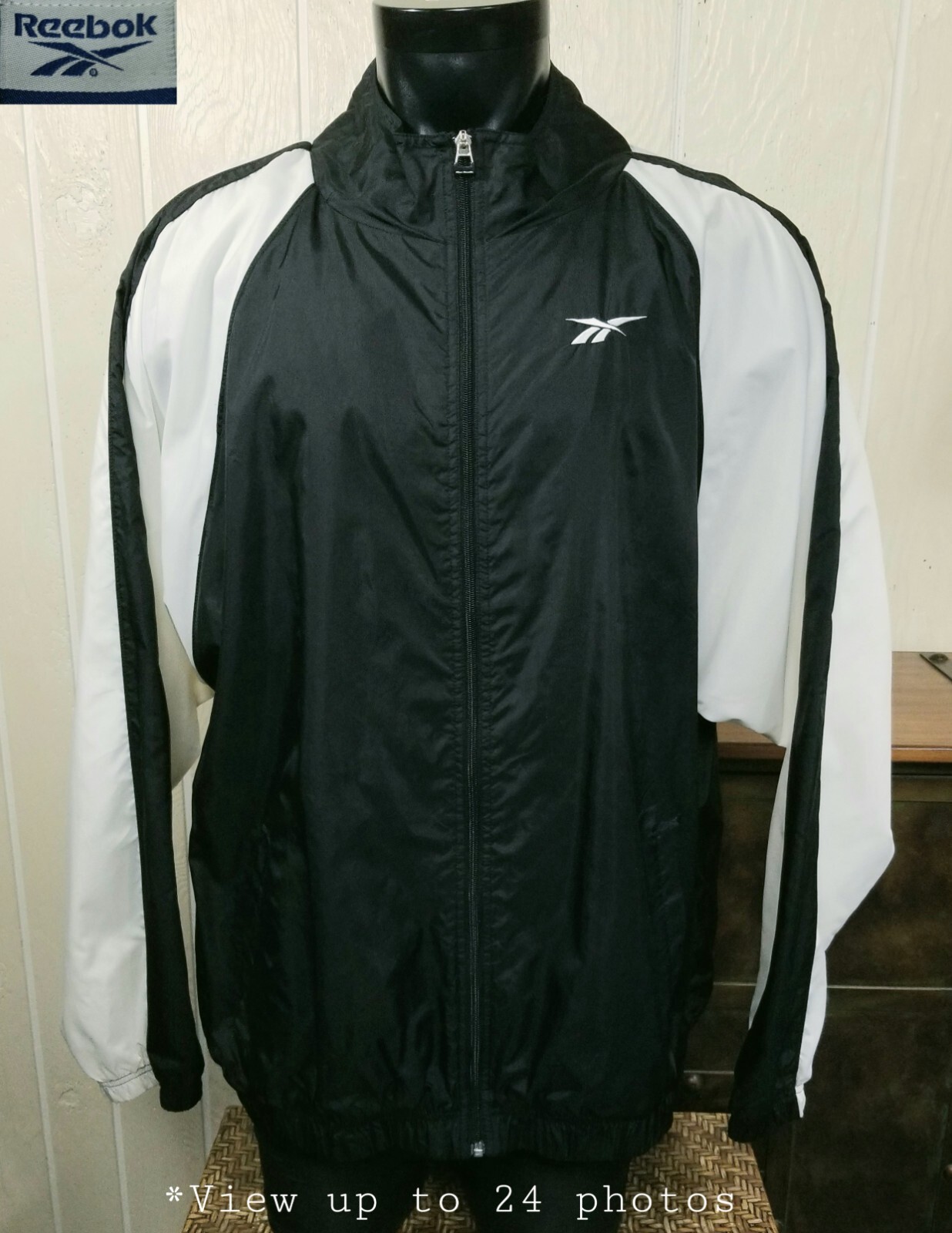 Reebok Black White VTG Full Zip Fleece Lined Windbreaker Track Jacket Mens 2XL