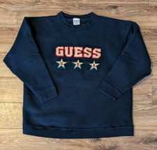 VTG 90s Guess Jeans Sweatshirt Womens Logo Applique Navy Crew Neck - OS