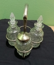 5 Pc Glass Cruet Set Pepper, Oil ,Vinegar Holder Incomplete NO SALT SHAKER Vtg