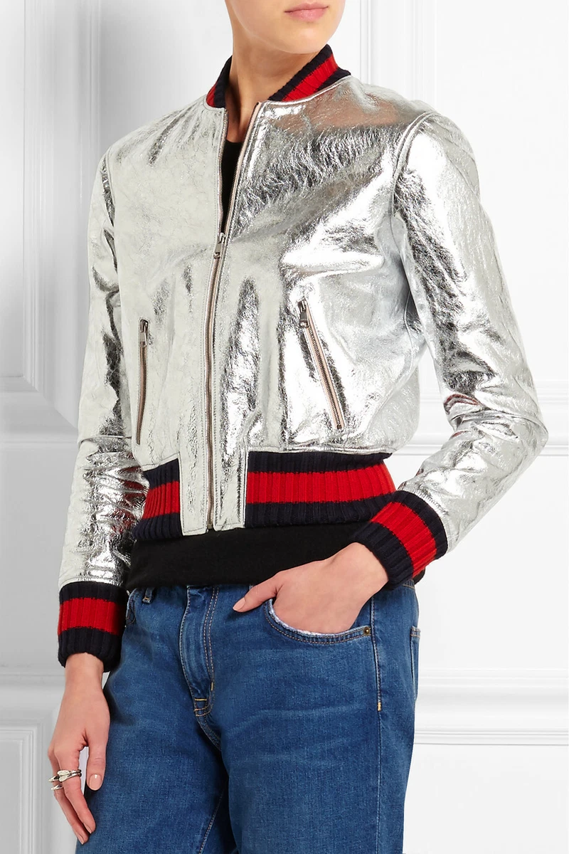 Gucci Silver Metallic Leather Bomber Jacket Coat Alessandro Michele Italy  42 6