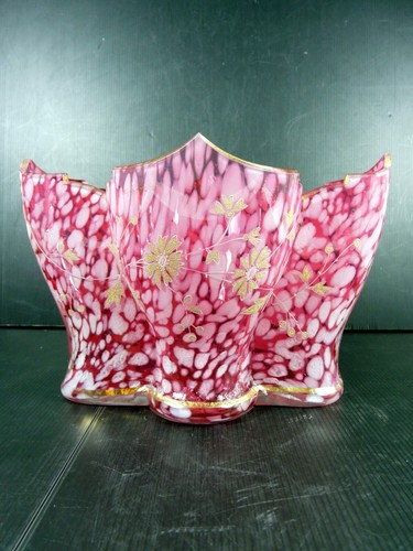 Vase évasé verre marbré rose et blanc XIX° décor émaillé fleurs Legras / Gallé ? - Bild 6 von 17
