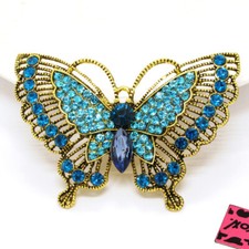 Fashion Women Blue Vintage Butterfly Rhinestone Crystal Charm Brooch Pin