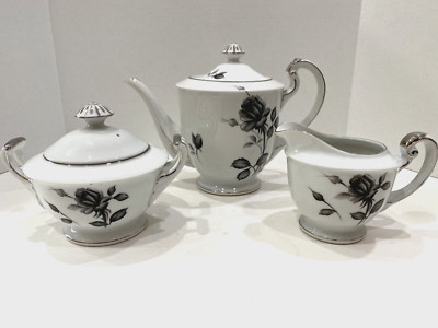 Vintage Meiko Teapot Sugar Creamer Set Gray Scale Hand painted Rose Flower MCM