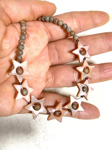 Starry Night Necklace, Pink Mother of Pearl Stars & Earthy Jasper Beaded Choker - Picture 13 of 14