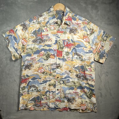 High Seas Trading Co Route 66 Shirt Men's L Biege Lifestyle Print All Over